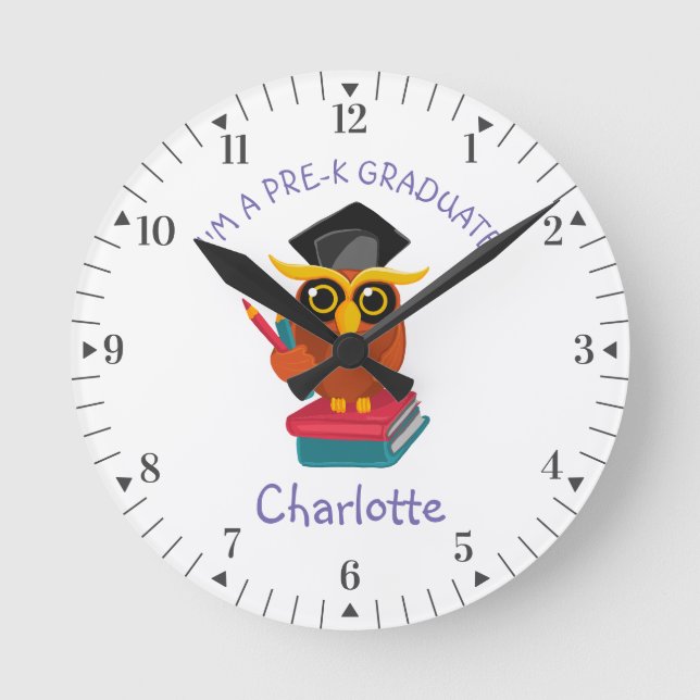 Pre K Graduate Kindergarten Girls Owl Grad Round Clock (Front)
