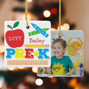 Pre-K Preschool Keepsake Apple Crayon Pencil Photo Ceramic Ornament