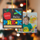 Pre-K Preschool Keepsake Chalkboard Colourful Phot Ceramic Ornament<br><div class="desc">Pre-K photo ornament design features an apple, a ruler, crayons and bold, colourful fun typography! Click the customise button for more options for modifying the text! Variations of this design, additional colours, as well as coordinating products are available in our shop, zazzle.com/store/doodlelulu. Contact us if you need this design applied...</div>
