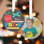 Pre-K Preschool Keepsake Chalkboard Colourful Phot Ornament<br><div class="desc">This photo Pre-K ornament features an apple, a ruler, crayons and bold, colourful fun typography! Click the customise button for more options for modifying the text! Variations of this design, additional colours, as well as coordinating products are available in our shop, zazzle.com/store/doodlelulu. Contact us if you need this design applied...</div>