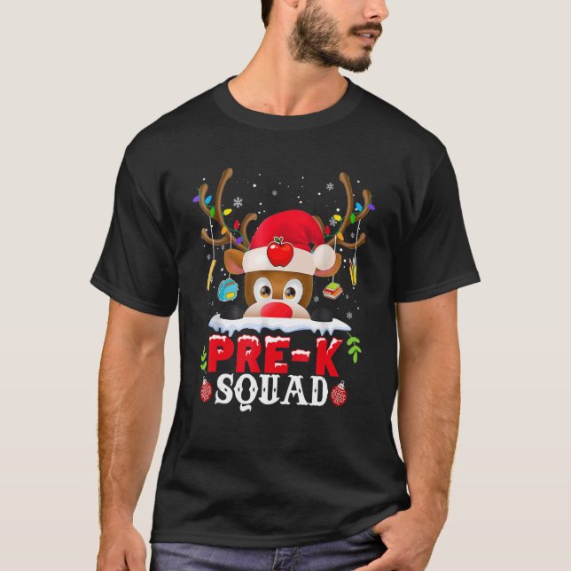 Pre K Squad Plaid Reindeer Santa Hat Teacher Chris T-Shirt (Front)