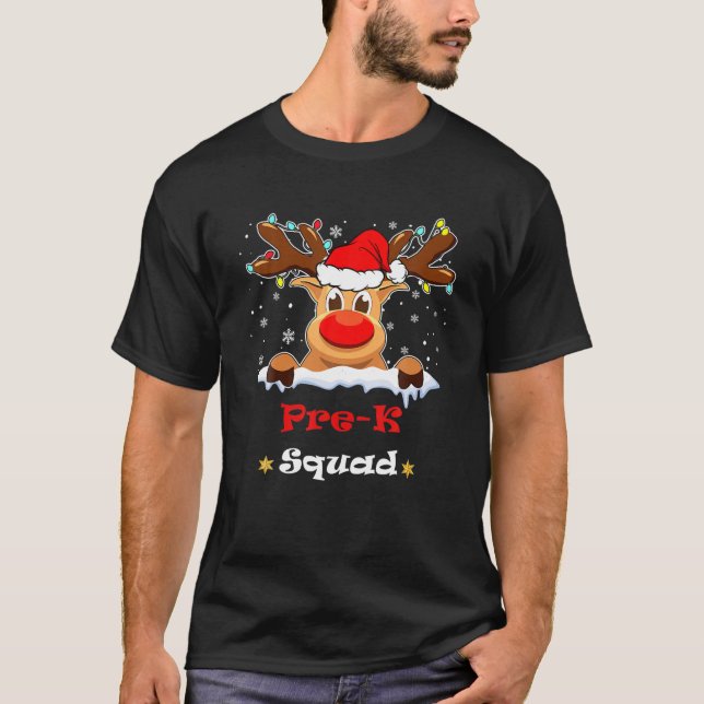 Pre- K Squad Plaid Reindeer Santa Hat Teacher Xmas T-Shirt (Front)