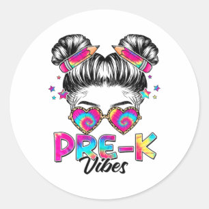 Pre K Vibes Messy Bun Girl Ck To School First Day Classic Round Sticker