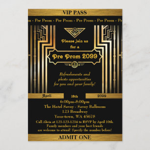 Pre Prom invitation,Gatsby style,ticket,black gold Invitation