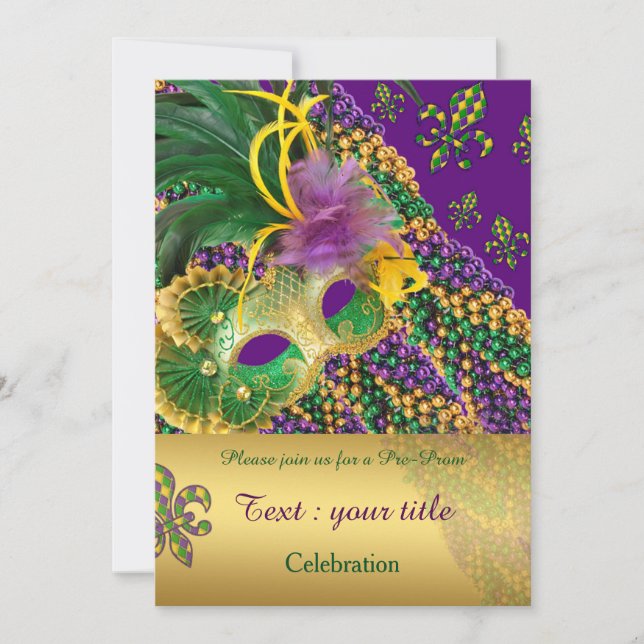 "pre prom invitation", "masquerade","prom party" invitation (Front)