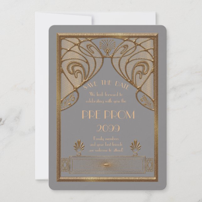 Pre Prom Junior, Great Gatsby, Gold, grey A Save The Date (Front)