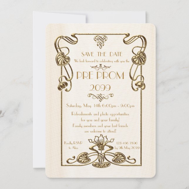 Pre Prom Junior, Great Gatsby, Gold, white Save The Date (Front)