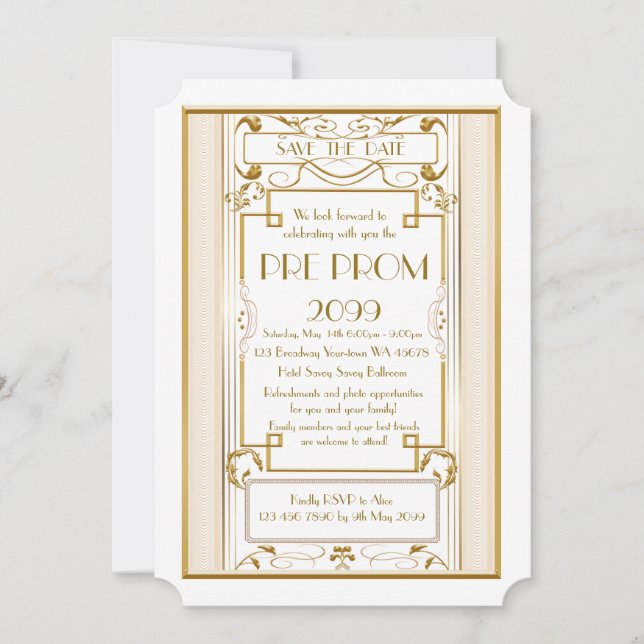 Pre PromJunior, Great Gatsby, Gold,white Save The Date (Front)