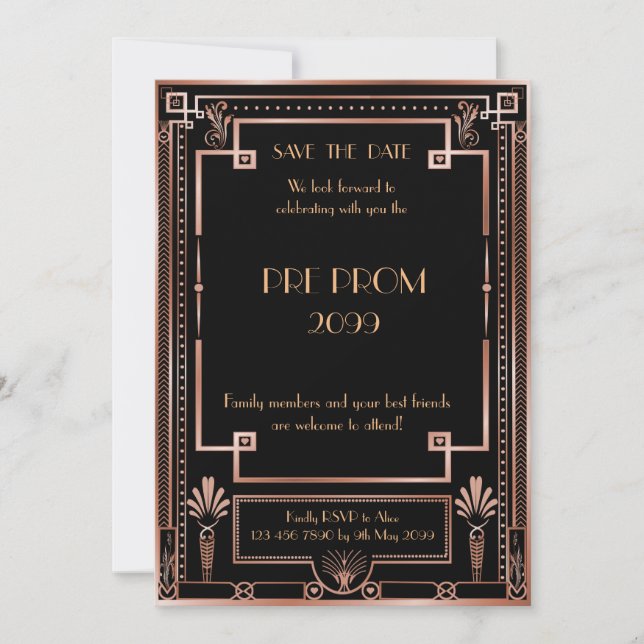 Pre PromJunior, Great Gatsby, Pink Gold,black Save The Date (Front)