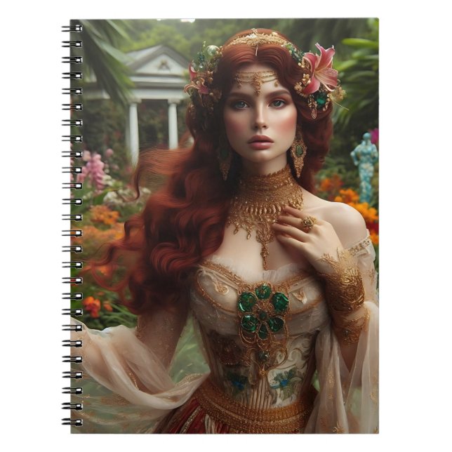 Pre-Raphaelite gilded woman 1 in garden Notebook (Front)