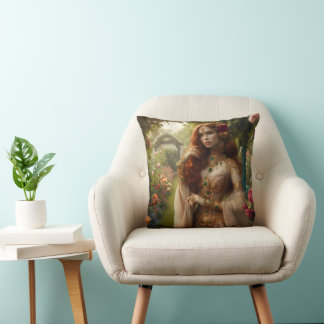 Pre-Raphaelite gilded woman 2 in garden Cushion