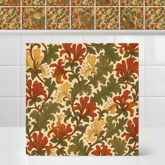 Pre Raphaelite Matching Pattern Cat Honeysuckle Ceramic Tile (Matching Pattern Series Pre Raphaelite Cat Honeysuckle Ceramic Tile Mural)