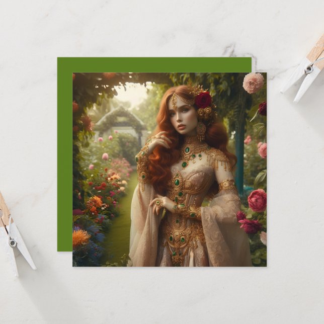 Pre-Raphaeltie gilded woman 2 in garden Card (Front/Back In Situ)