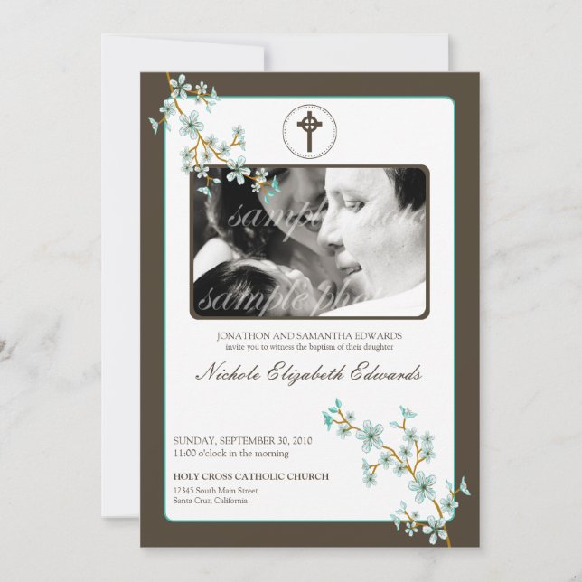 Precious Aqua Cherry Blossom Baptism Invitation (Front)