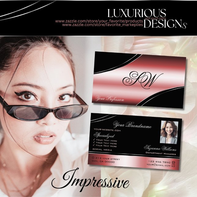 Precious Black Red Curved Lines Monogram and Photo Business Card (Creator Uploaded)