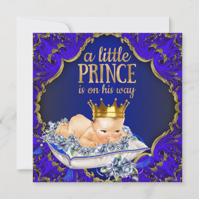 Precious Blue and Gold Royal Prince Baby Shower Invitation (Front)
