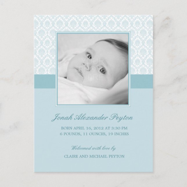 Precious Damask Baby Boy Birth Announcement Postcard (Front)