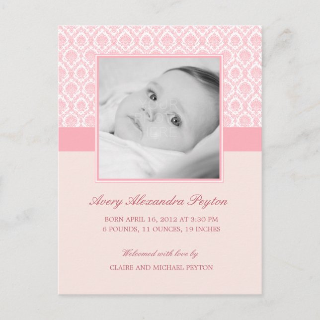 Precious Damask Baby Girl Birth Announcement Postcard (Front)