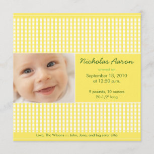 Precious Gingham (lemon) Birth Announcement