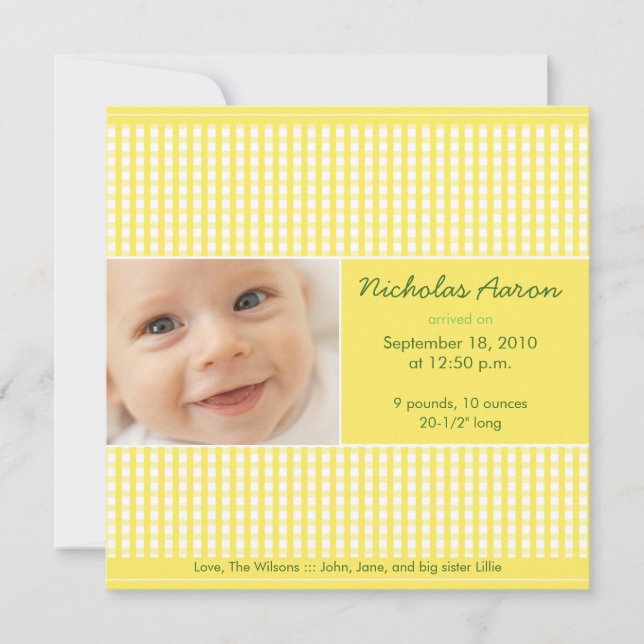 Precious Gingham (lemon) Birth Announcement (Front)