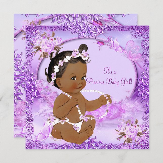 Precious Girl Baby Shower Purple Floral Ethnic Invitation (Front/Back)