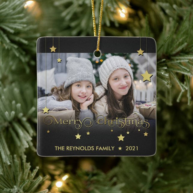 Precious Gold Merry Christmas Stars Ceramic Ornament (Tree)