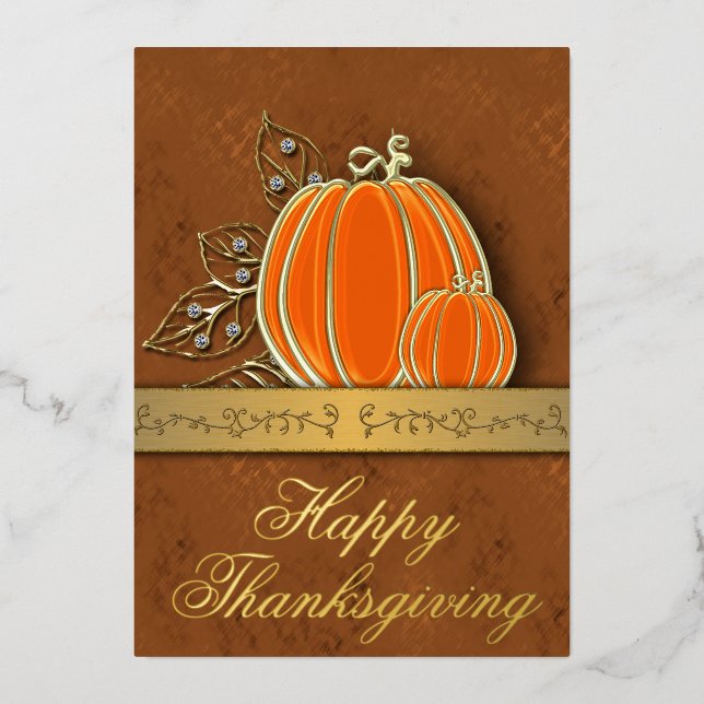 Precious Gold Thanksgiving Pumpkin Leaves Foil Holiday Card (Front)