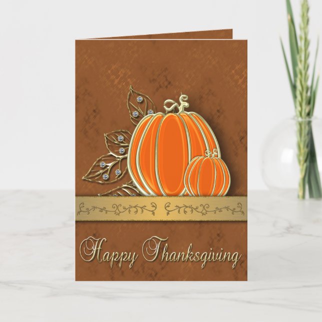 Precious Gold Thanksgiving Pumpkin Leaves Holiday  Card (Front)