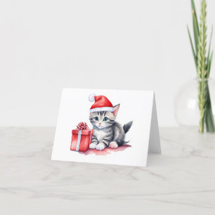 Precious Grey and White Santa Kitten BLANK  Holiday Card
