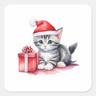 Precious Grey and White Santa Kitten  Square Sticker