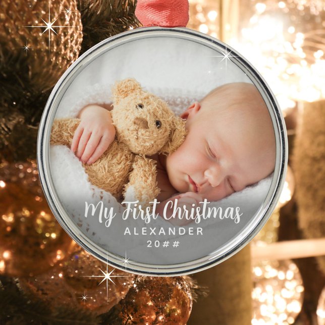 Precious My First Christmas Childs Photo Name Year Metal Ornament (Personalize with a photo, baby's name and year.)