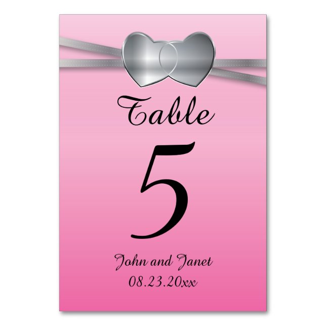 Precious Pink and Silver Wedding Love Hearts Table Number (Front)
