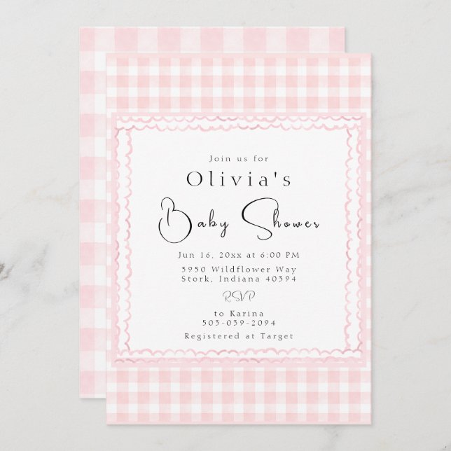 Precious Pink Gingham Baby Shower Invitation (Front/Back)