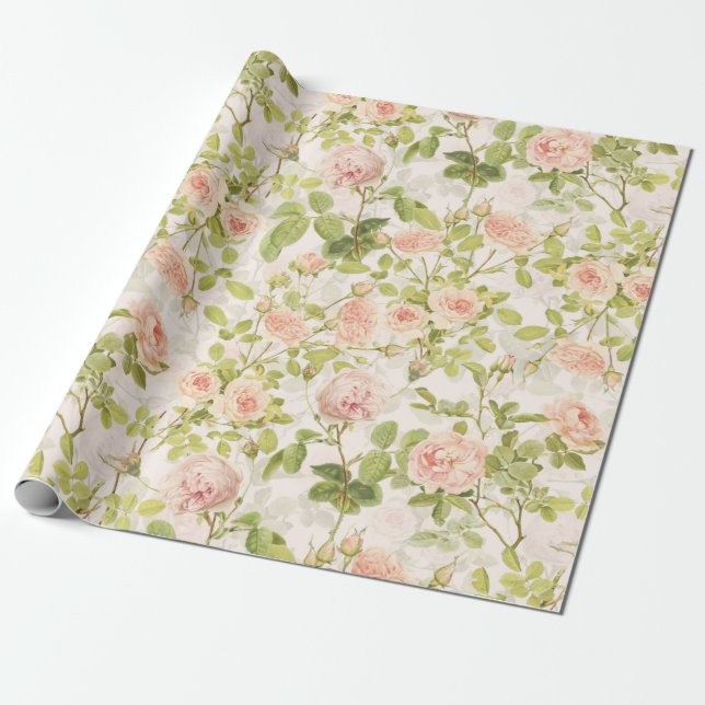 Precious Pink Redouté Roses Pattern Pink Wrapping Paper (Unrolled)