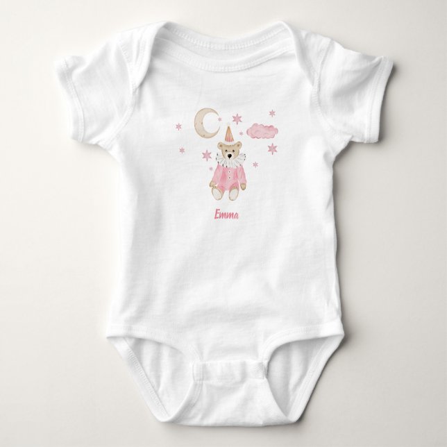 Precious Pink Teddy Bear, Moon and Stars Baby Bodysuit (Front)