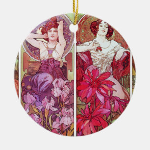 Precious Stones and Flowers, Alphonse Mucha Ceramic Tree Decoration