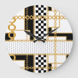 Precious stones, gold chains, seamless pattern. large clock
