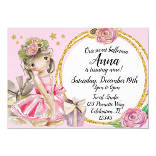 Precious Sweet Little Ballerina Floral Birthday Invitation
