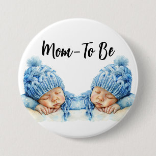 Precious Twin Baby Boys in Blue Hats Mom-To-Be But 7.5 Cm Round Badge
