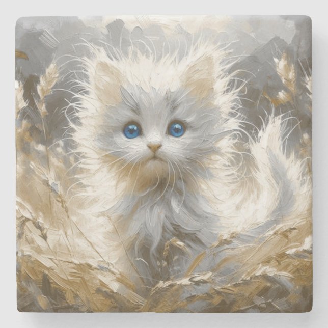Precious White Kitten  Stone Coaster (Front)