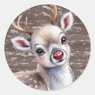 Precious White Reindeer Red Shiny Nose Birthday Classic Round Sticker