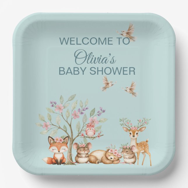 Precious Woodland Animals - Welcome to Baby Shower Paper Plate (Front)