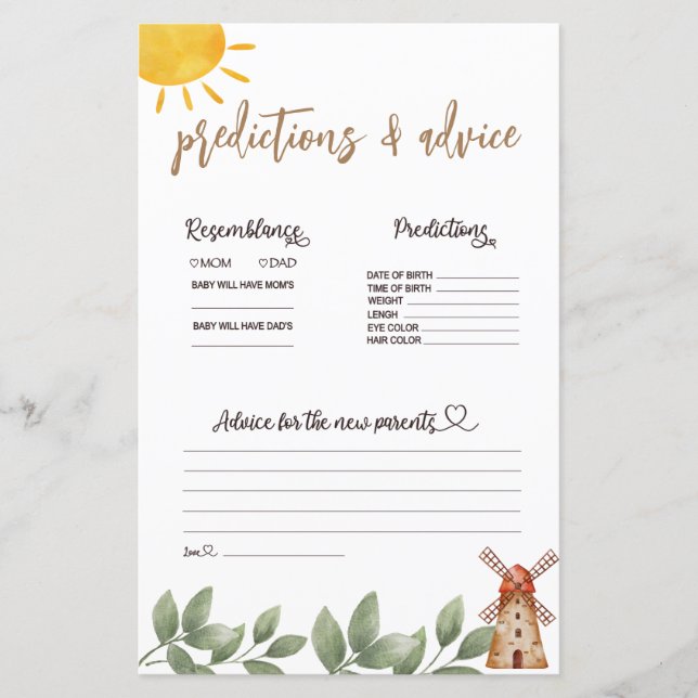 Predictions & Advice Baby Shower Farm Themed Card (Front)