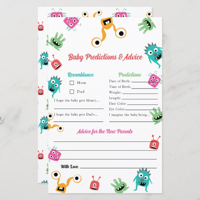 Predictions Advice Little Monster Baby Shower Game (Front/Back)