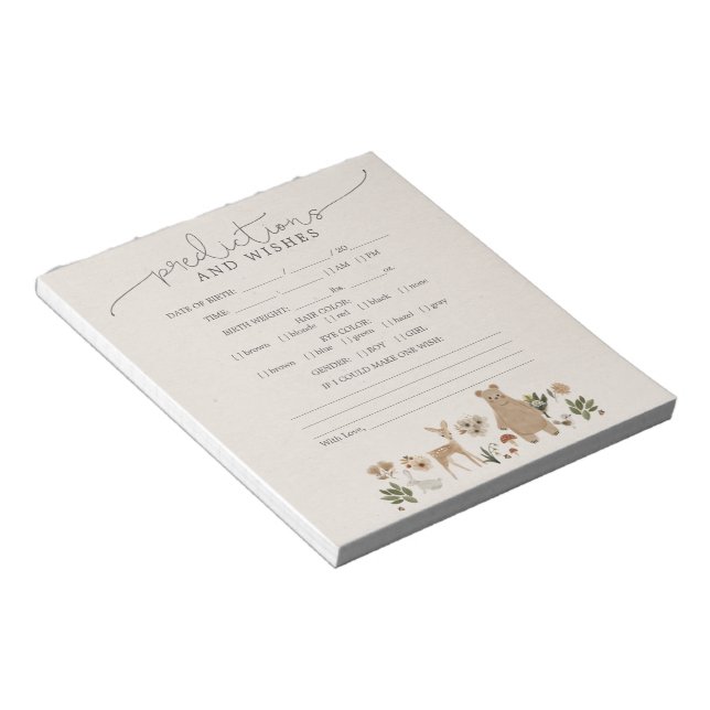 Predictions Wishes Baby Shower Game Boho Woodland Notepad (Angled)
