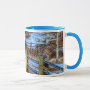 Preening Great Grey Owl and Snow Wildlife Raptor Mug