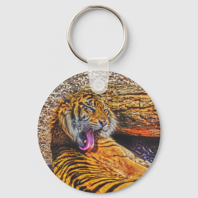 Preening Sumatran Tiger Big Cat Wildlife Art Key Ring (Front)