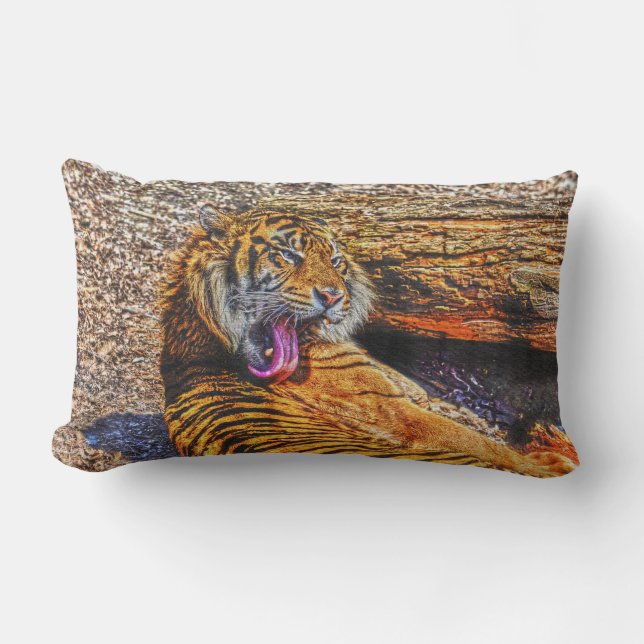 Preening Sumatran Tiger Big Cat Wildlife Art Lumbar Cushion (Front)