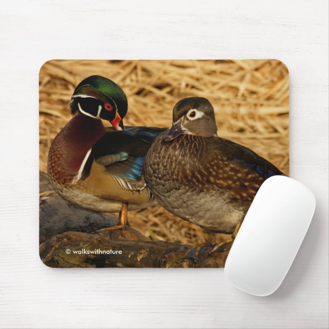 Preening Wood Ducks on Log Mouse Pad (With Mouse)
