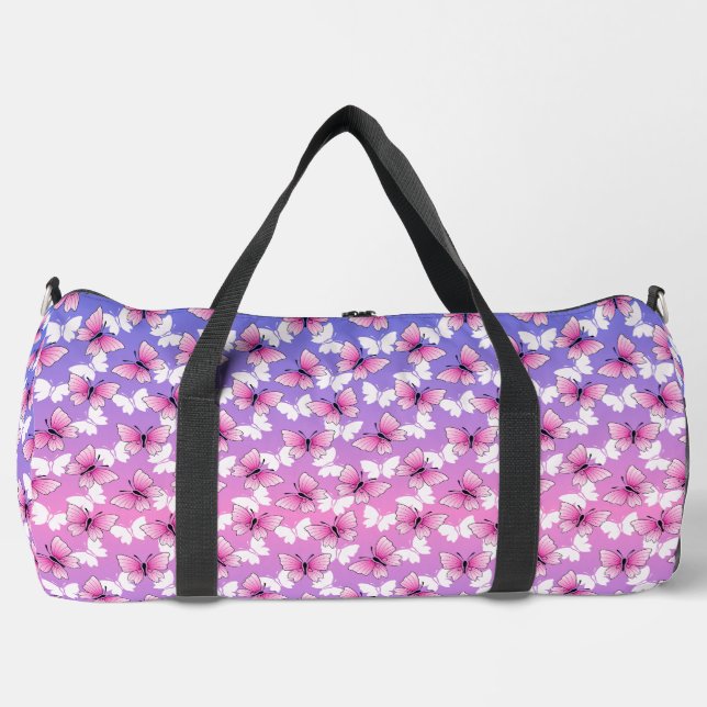 Preety Pink and White Butterfly Pattern Duffel Bag (Front)